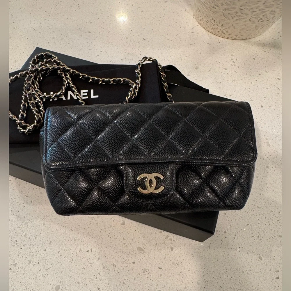 CHANEL classic black caviar and gold hardware sunglasses case crossbody bag